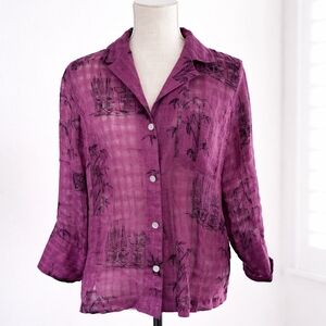 French Laundry Purple Linen Button Up Long Sleeve Tropical Top Size Medium